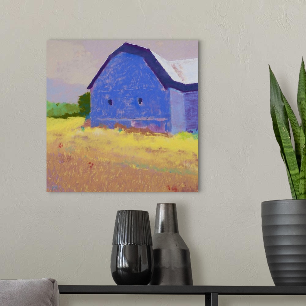 A modern room featuring Contemporary painting of a blue barn in a yellow field.