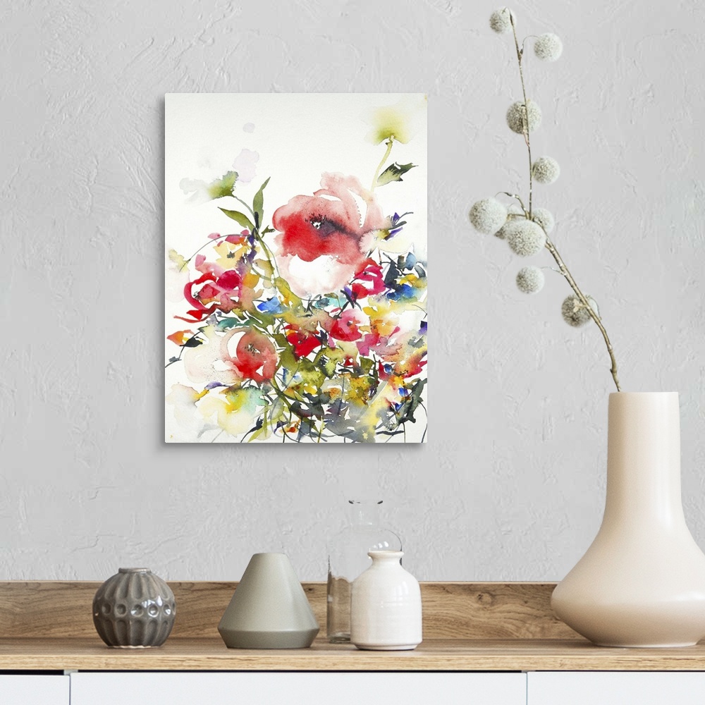 A farmhouse room featuring Contemporary watercolor painting of vibrant red flowers.