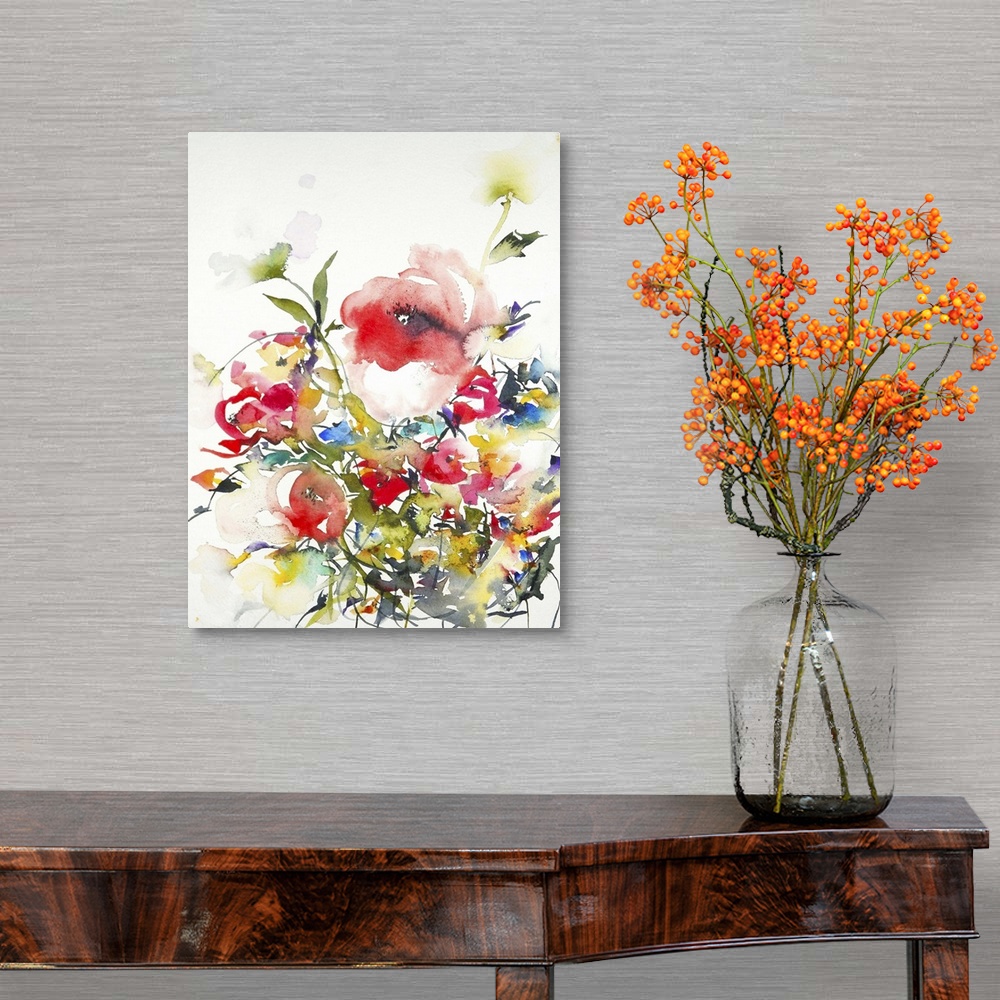 A traditional room featuring Contemporary watercolor painting of vibrant red flowers.
