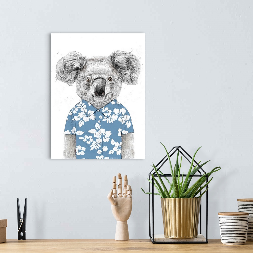 A bohemian room featuring Portrait of a koala wearing a colorful, floral-patterned shirt.
