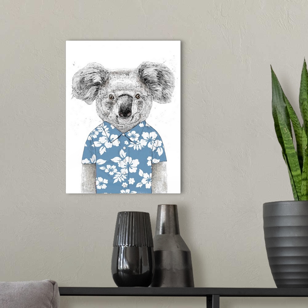 A modern room featuring Portrait of a koala wearing a colorful, floral-patterned shirt.