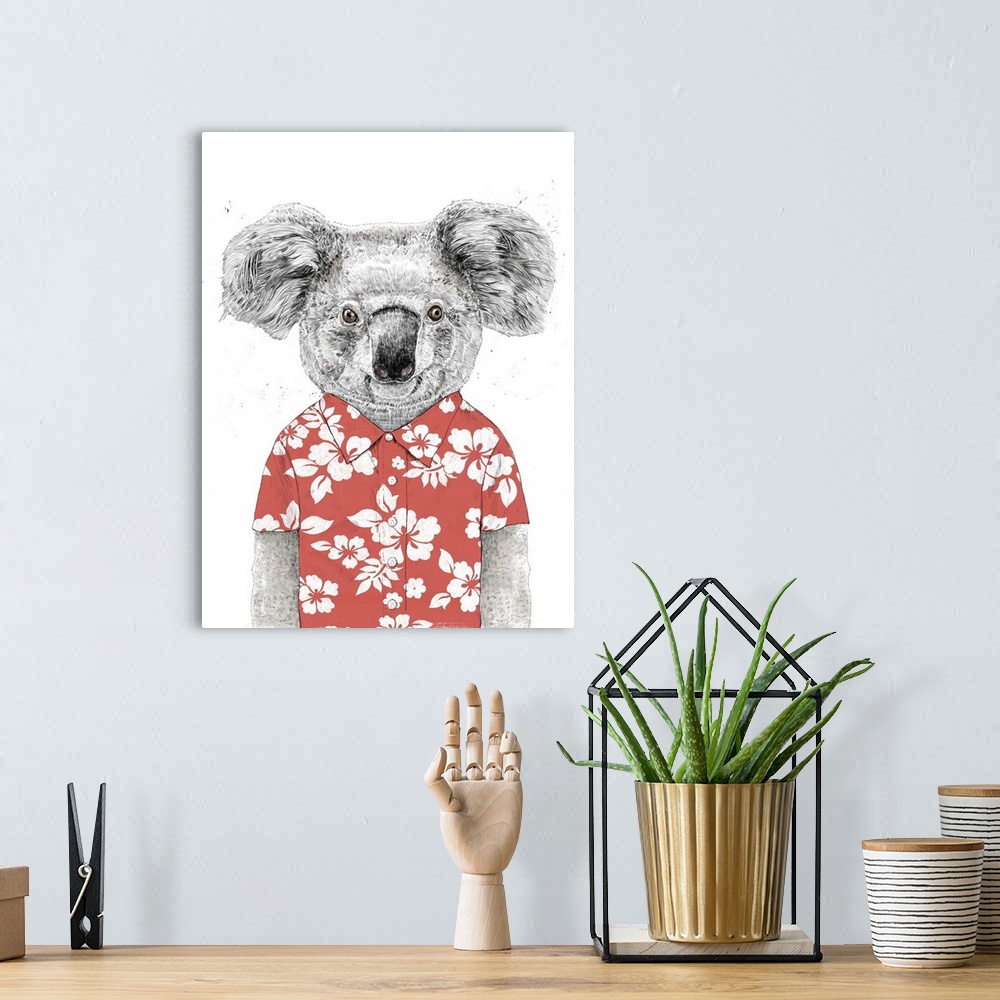 A bohemian room featuring Portrait of a koala wearing a colorful, floral-patterned shirt.