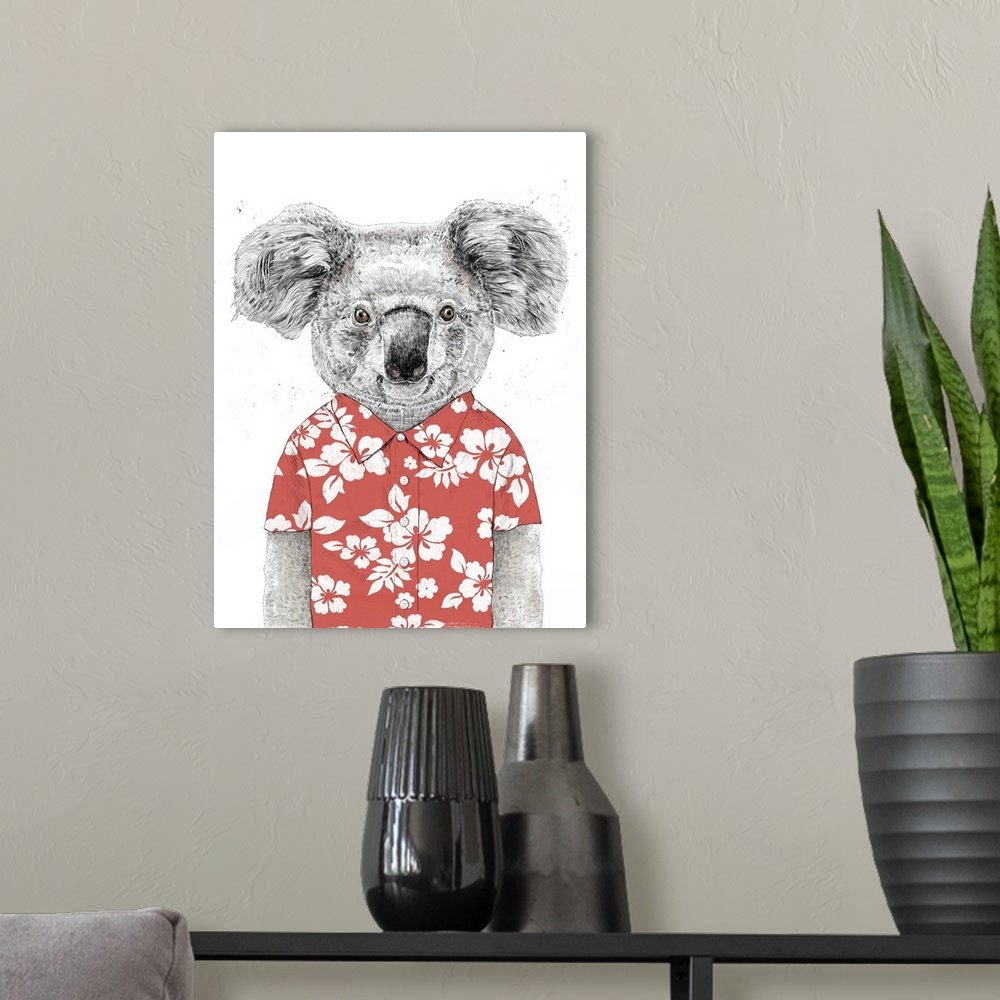 A modern room featuring Portrait of a koala wearing a colorful, floral-patterned shirt.