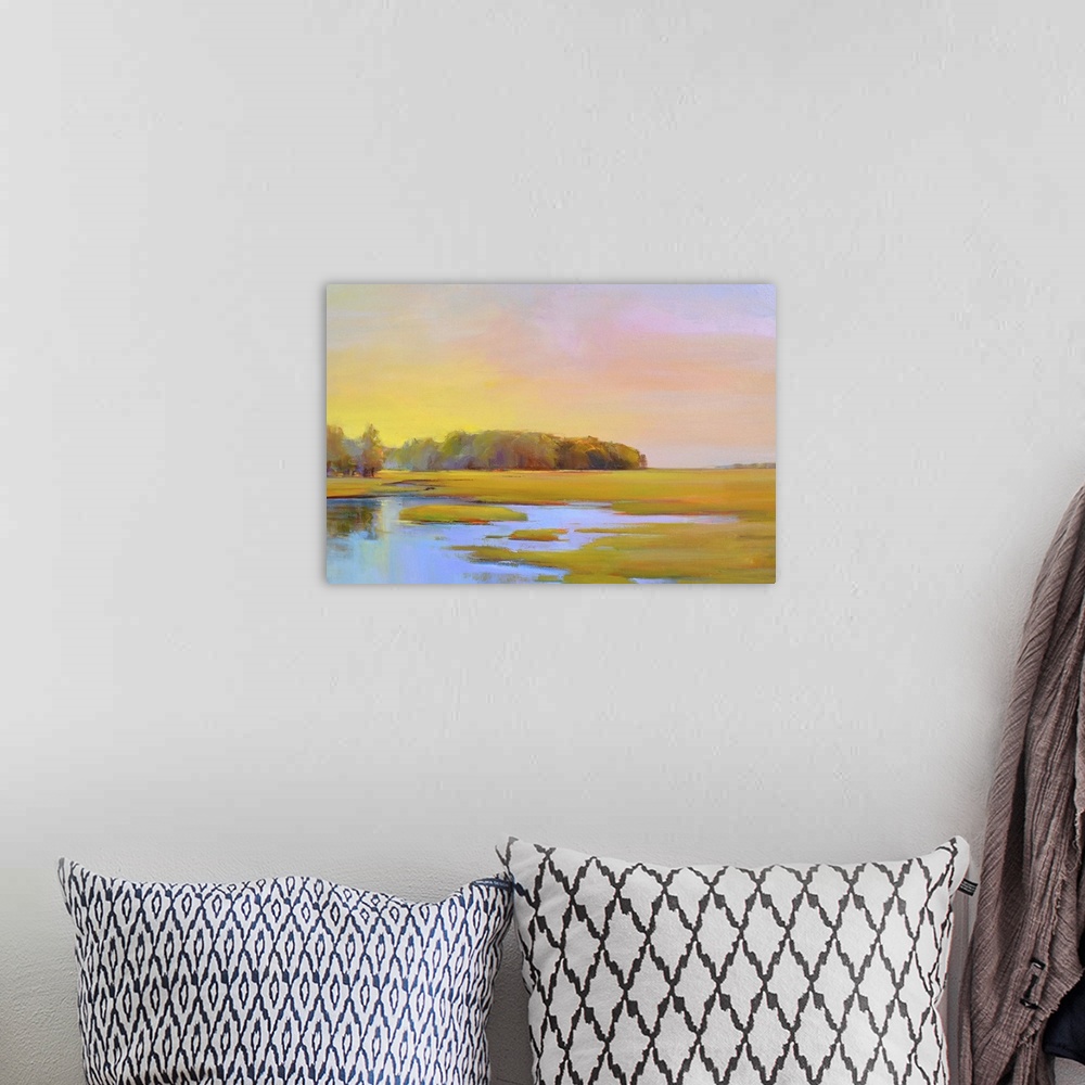 A bohemian room featuring Contemporary landscape painting of a marshland in summer.