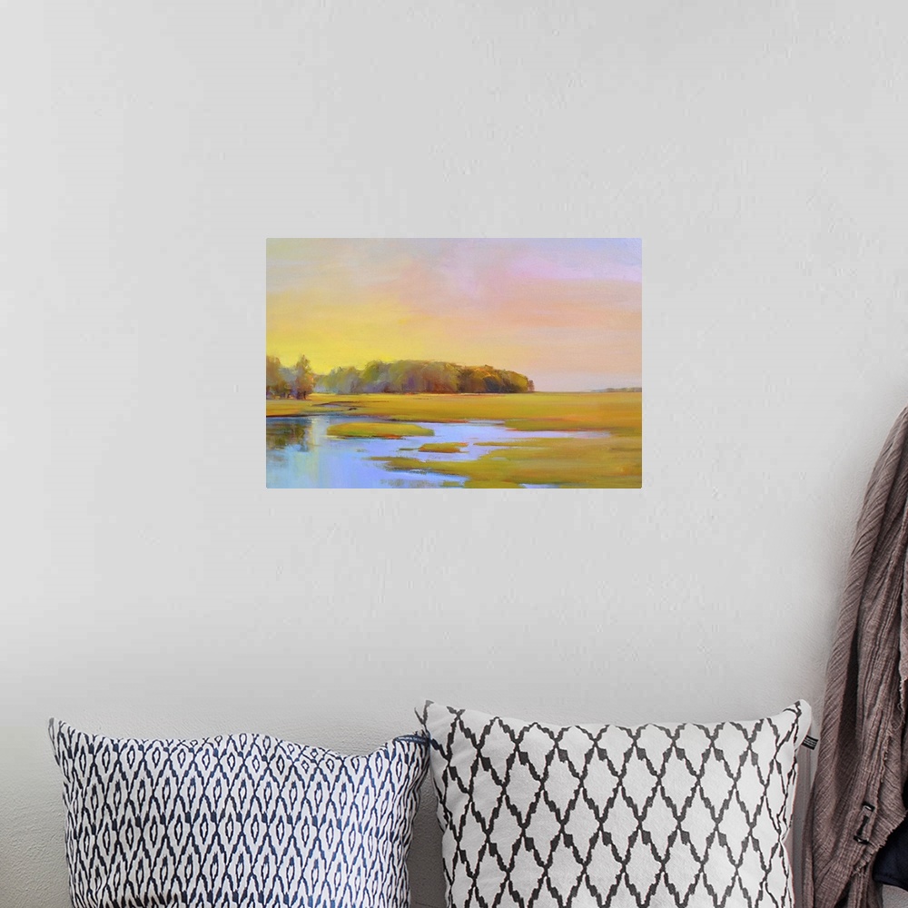 A bohemian room featuring Contemporary landscape painting of a marshland in summer.