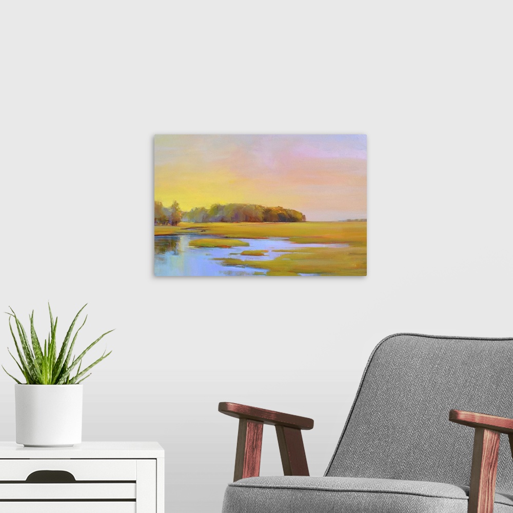 A modern room featuring Contemporary landscape painting of a marshland in summer.