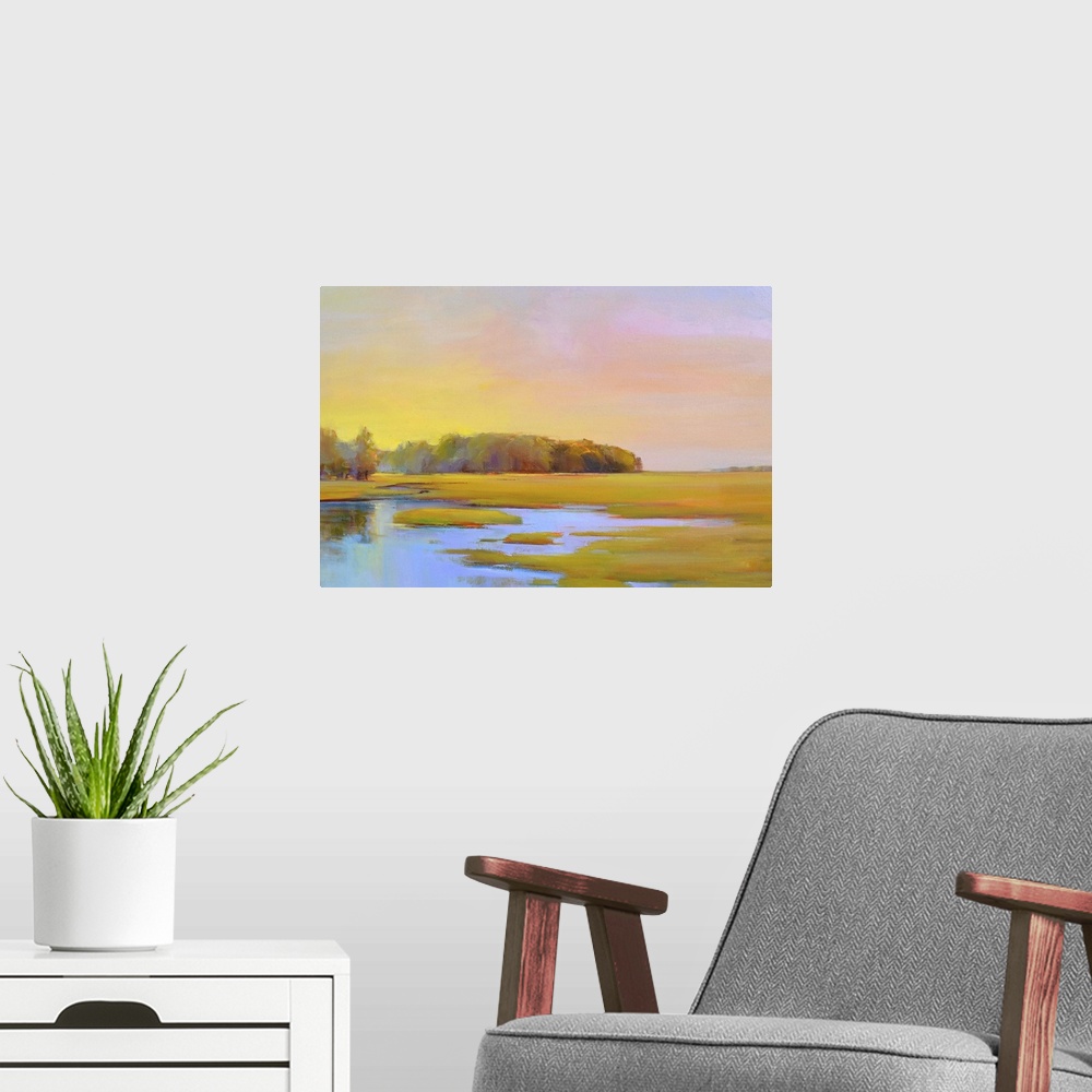 A modern room featuring Contemporary landscape painting of a marshland in summer.