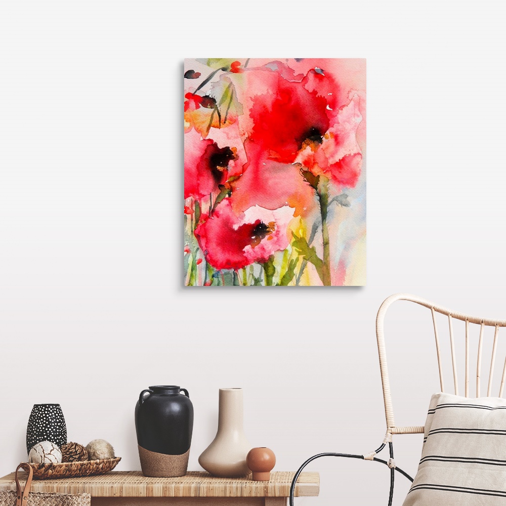 A farmhouse room featuring Contemporary watercolor painting of vibrant red flowers.