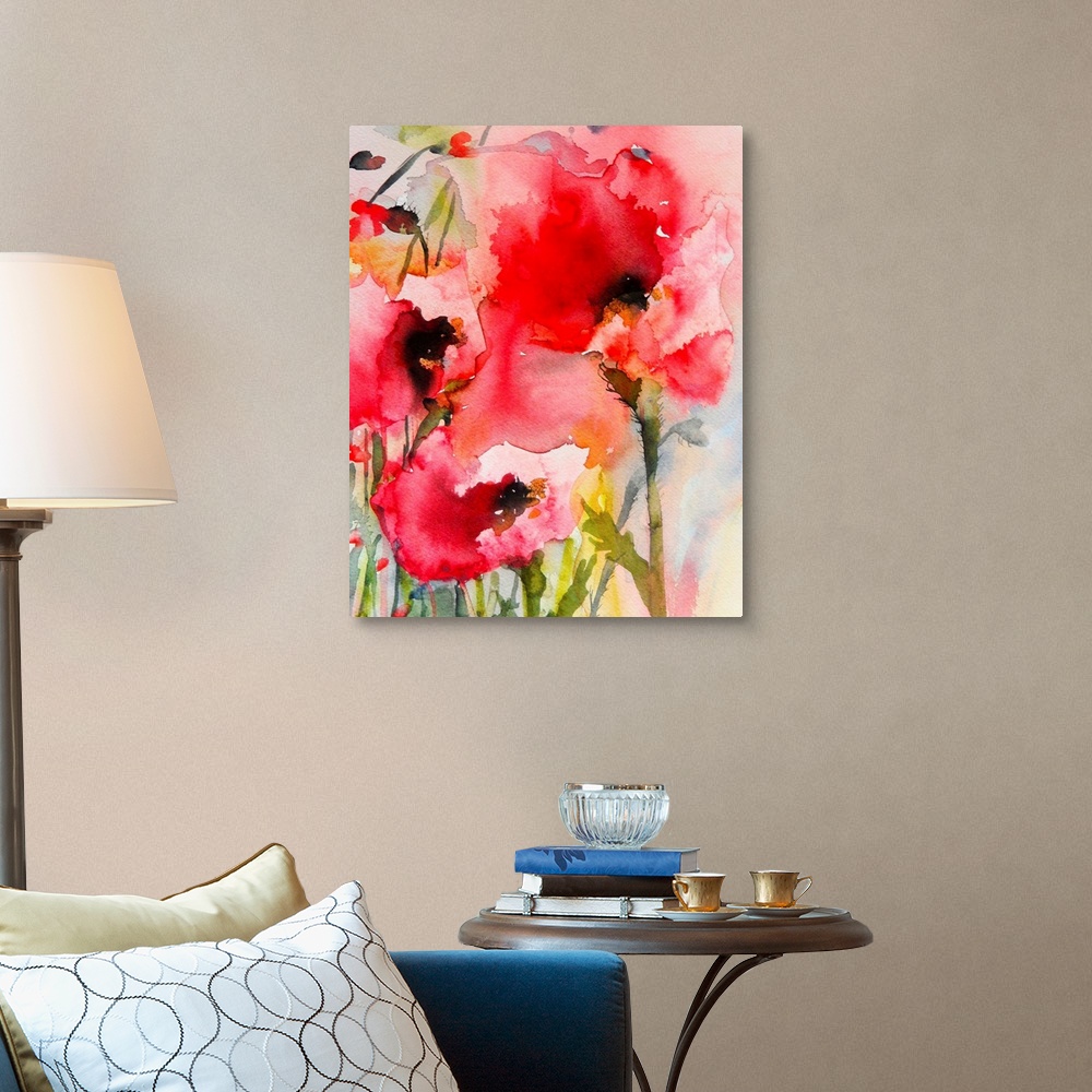 A traditional room featuring Contemporary watercolor painting of vibrant red flowers.