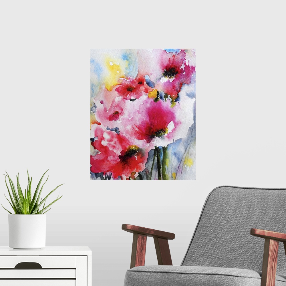 A modern room featuring Contemporary watercolor painting of vibrant red flowers.