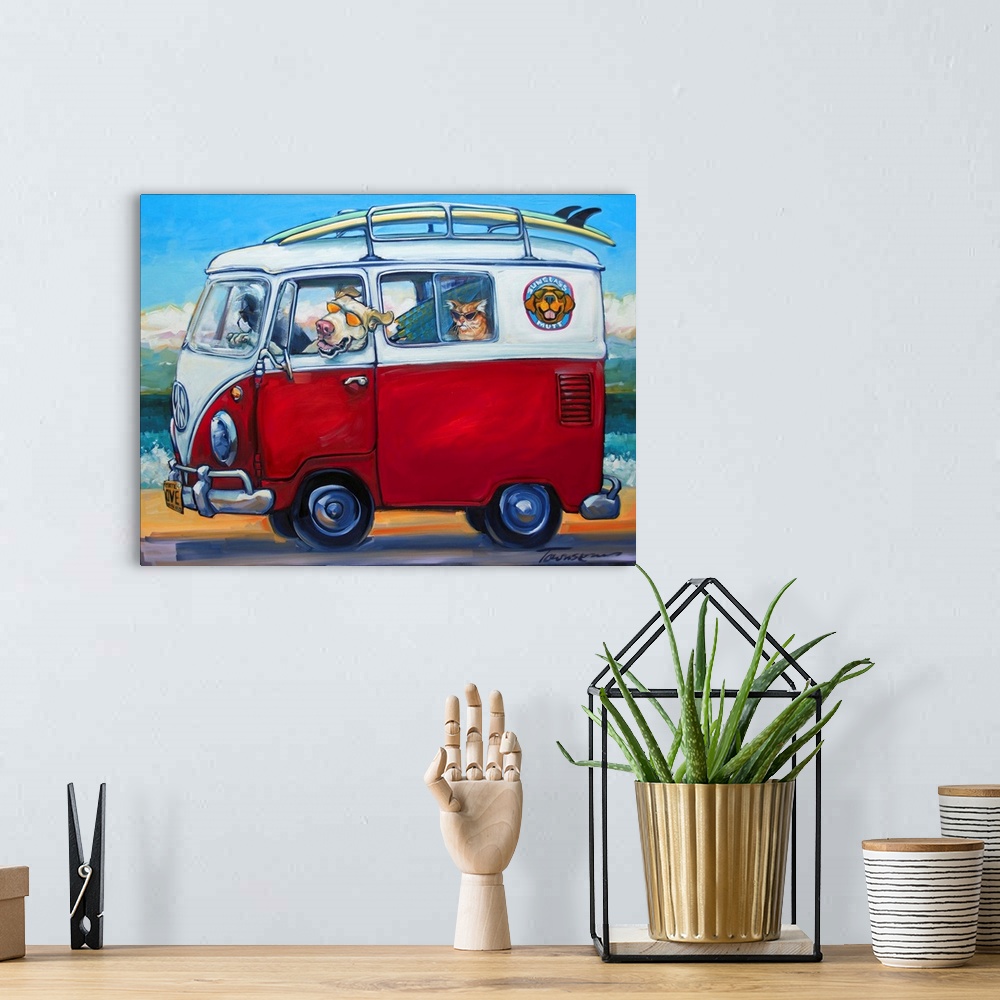 A bohemian room featuring Thick brush strokes create a humorous scene of animals riding in a van.