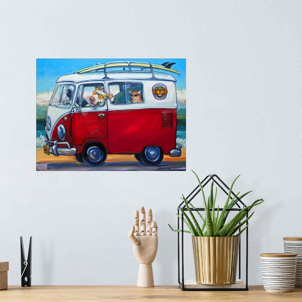 A bohemian room featuring Thick brush strokes create a humorous scene of animals riding in a van.
