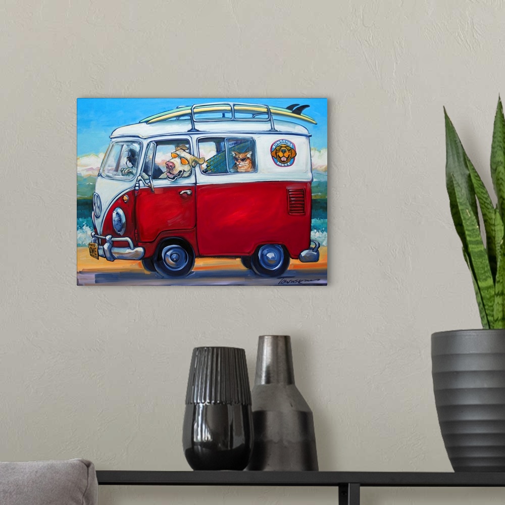 A modern room featuring Thick brush strokes create a humorous scene of animals riding in a van.