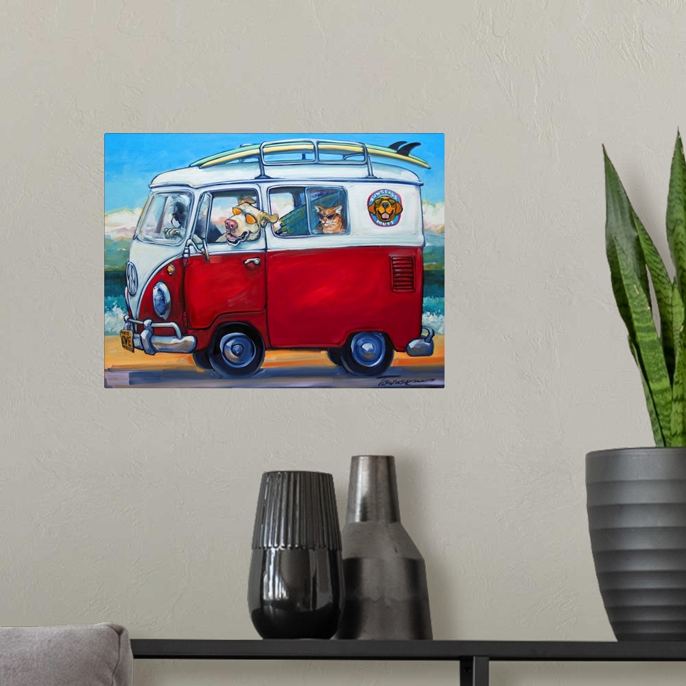 A modern room featuring Thick brush strokes create a humorous scene of animals riding in a van.