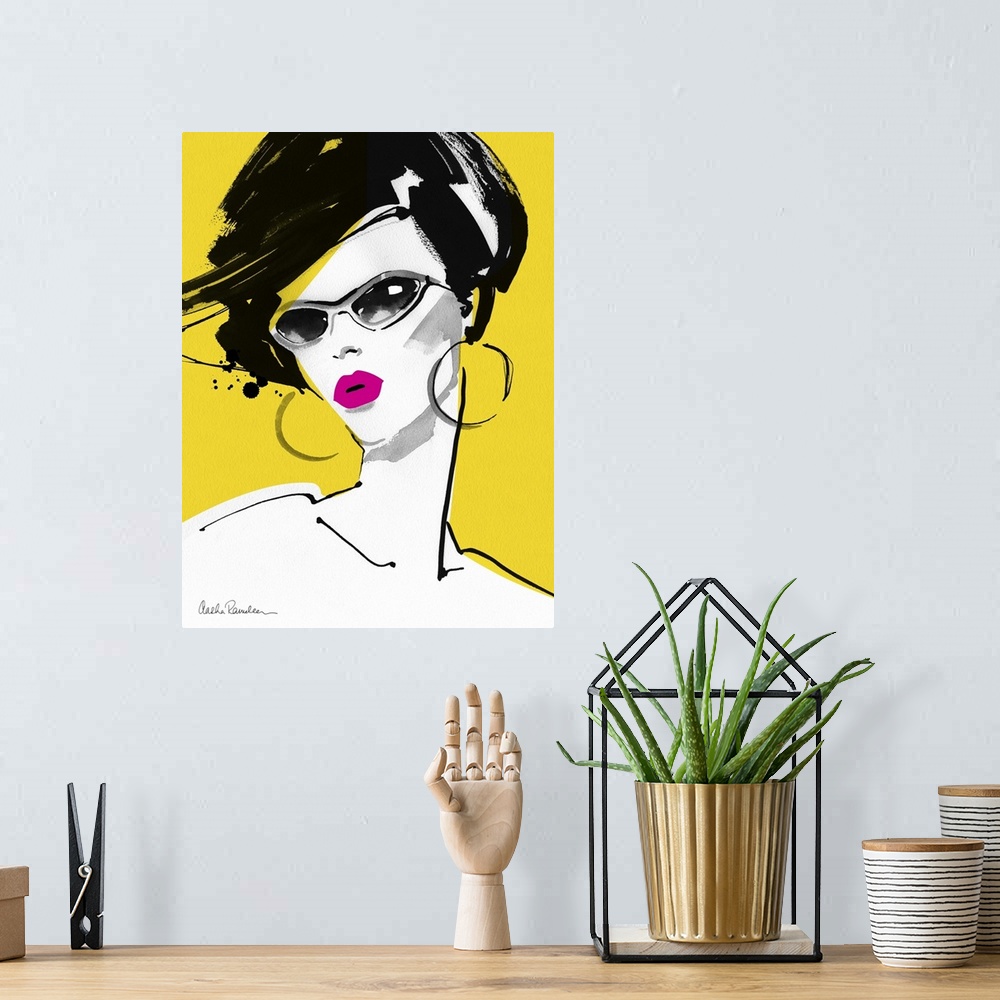 A bohemian room featuring Contemporary fashion artwork of a woman wearing stylish sunglasses against a bright yellow backgr...