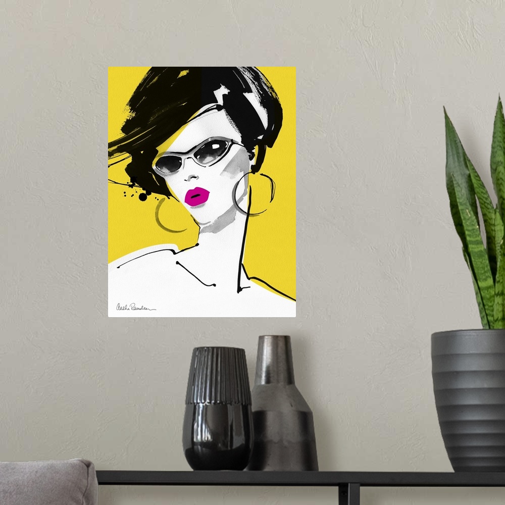 A modern room featuring Contemporary fashion artwork of a woman wearing stylish sunglasses against a bright yellow backgr...