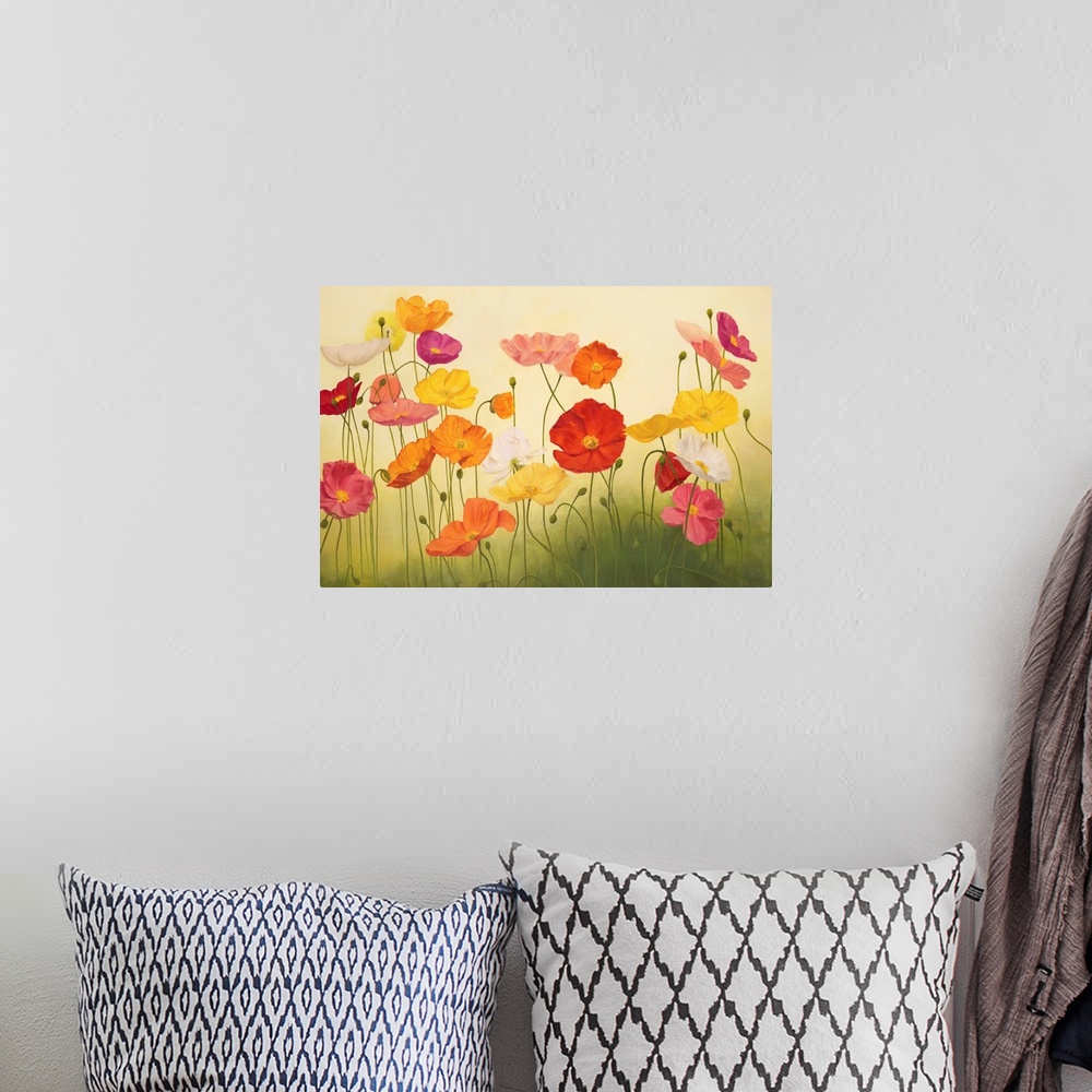 A bohemian room featuring A contemporary painting of a group multi-colored poppy flowers in green grass.
