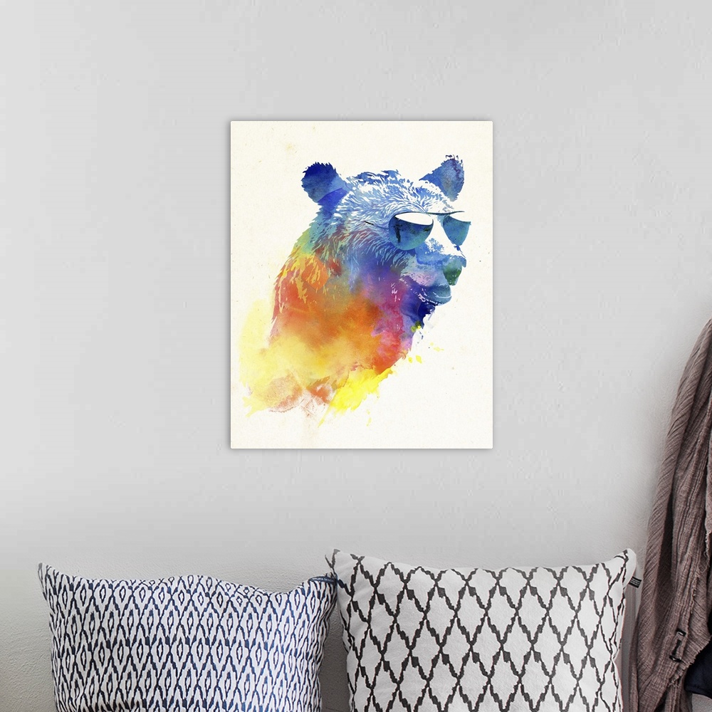 A bohemian room featuring Contemporary artwork of a bear in multiple colors wearing sunglasses.