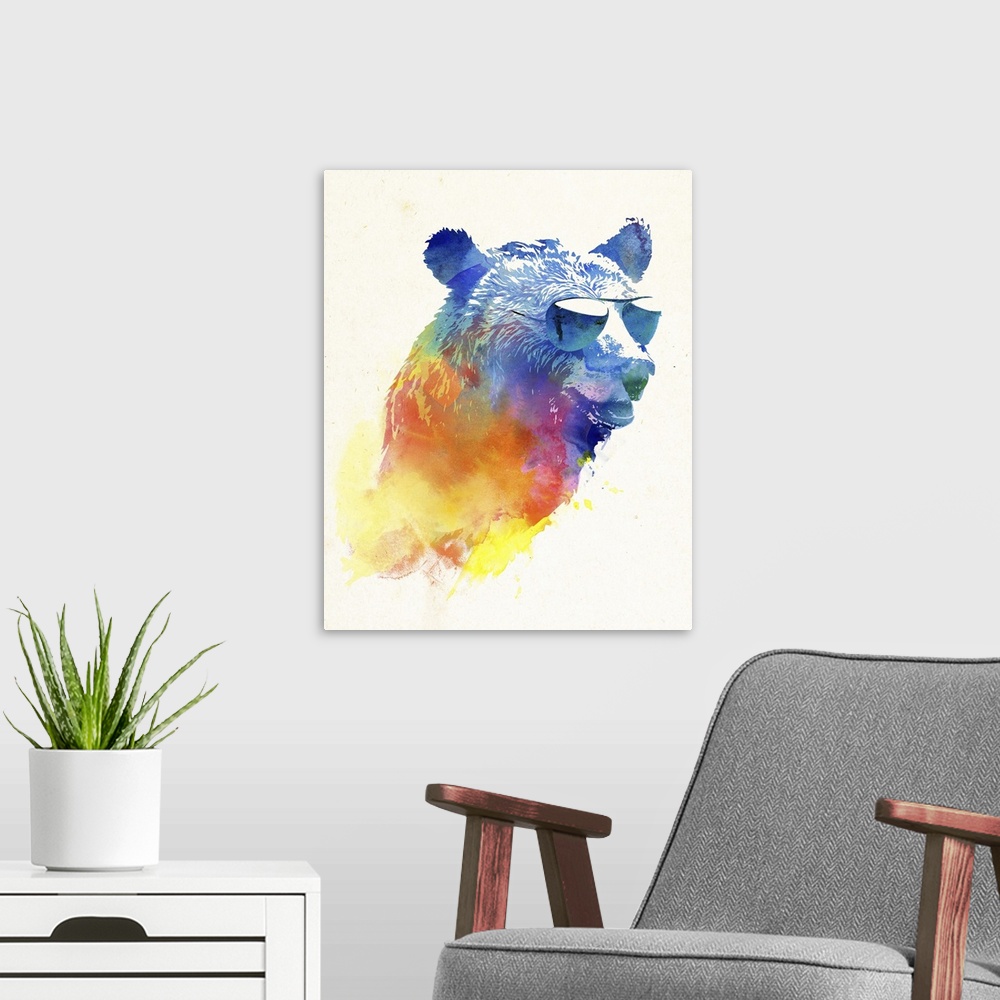 A modern room featuring Contemporary artwork of a bear in multiple colors wearing sunglasses.