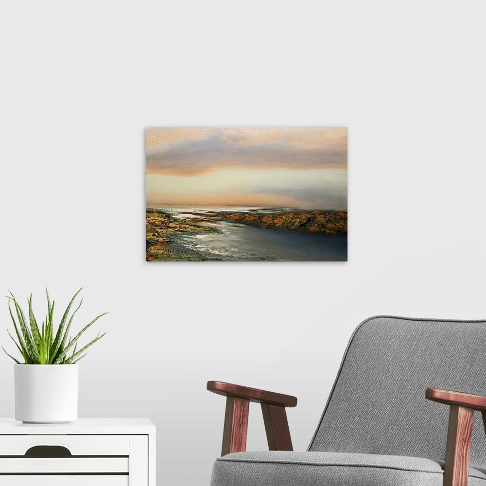 A modern room featuring Contemporary seascape painting in front of a pastel sunset.