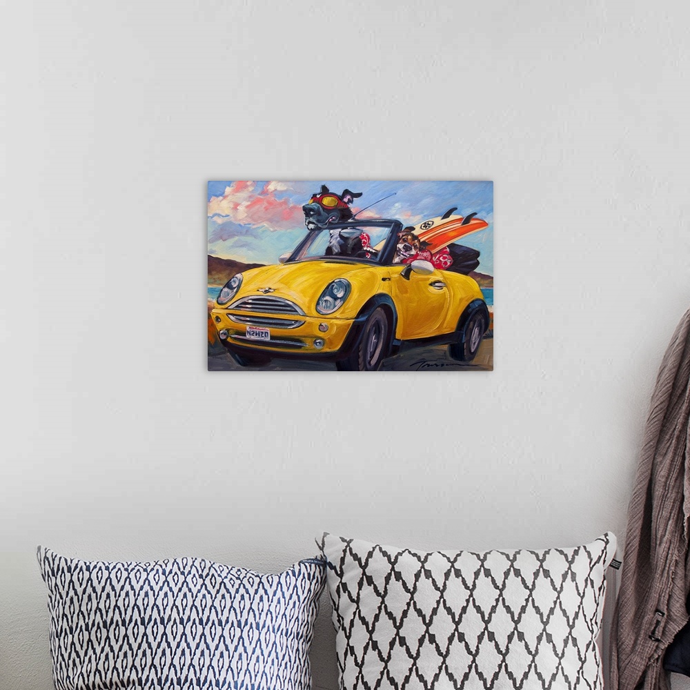 A bohemian room featuring Thick brush strokes create a humorous scene of dogs riding in a sporty car.
