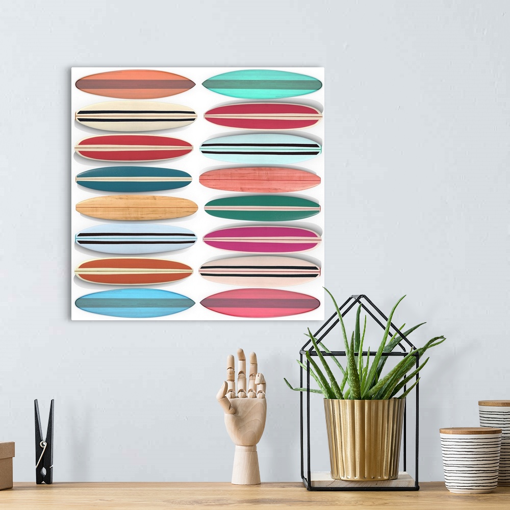 A bohemian room featuring Pattern of colorful surfboards, square format.