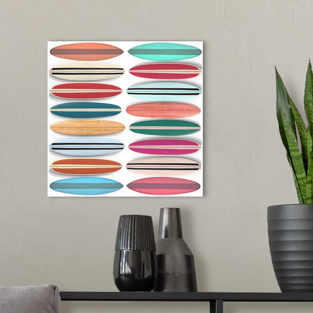 A modern room featuring Pattern of colorful surfboards, square format.