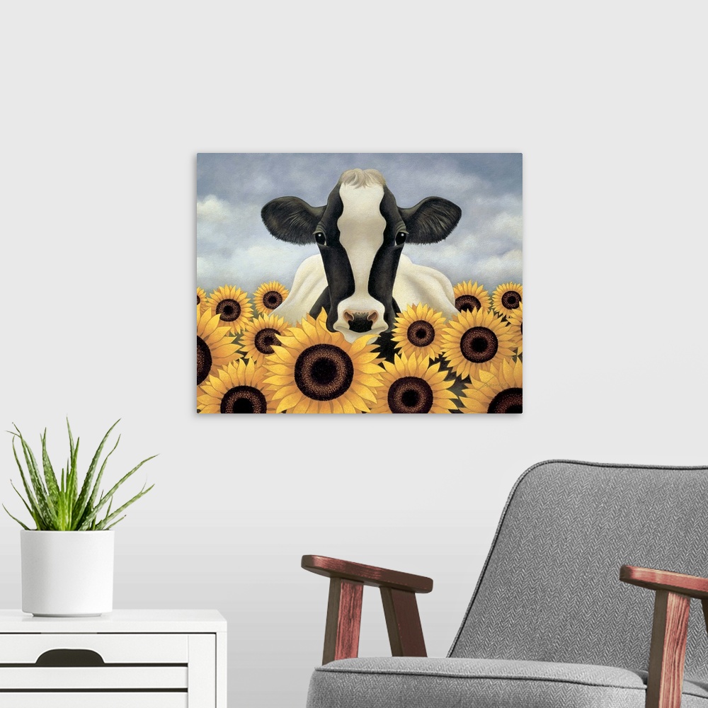 A modern room featuring Surrounded by Sunflowers