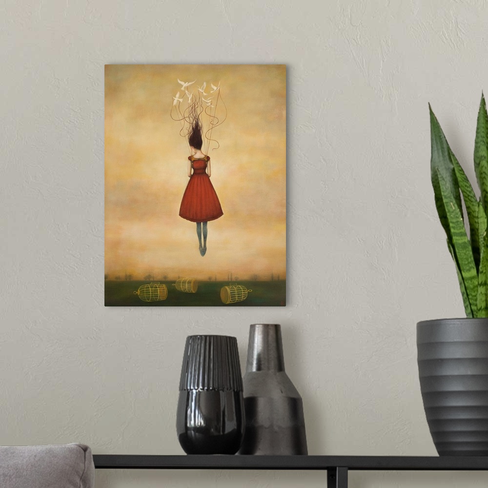A modern room featuring Contemporary surreal artwork of a woman floating in the air in a red dress with birdcages below.