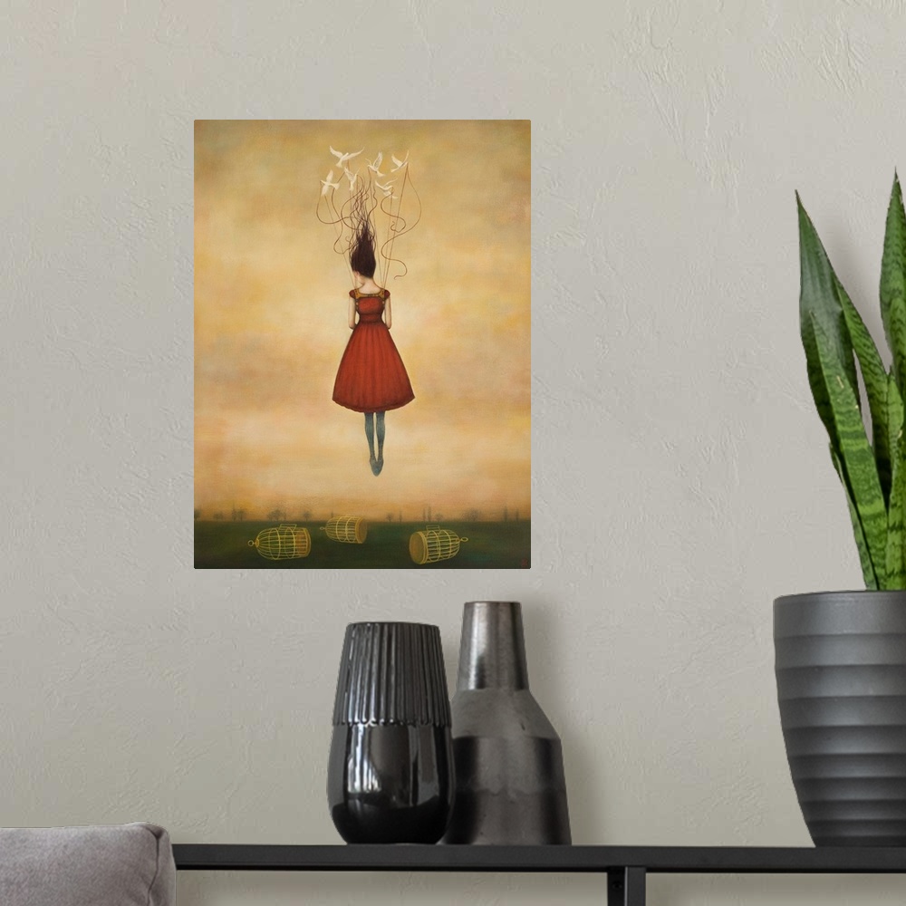 A modern room featuring Contemporary surreal artwork of a woman floating in the air in a red dress with birdcages below.
