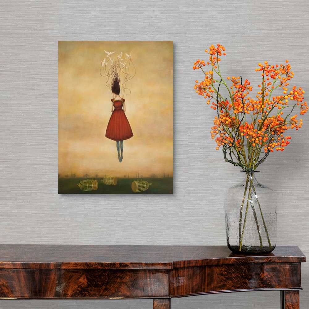A traditional room featuring Contemporary surreal artwork of a woman floating in the air in a red dress with birdcages below.