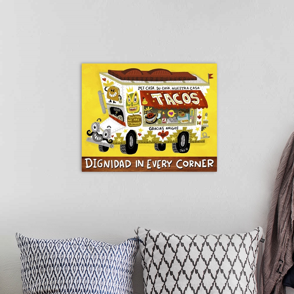 A bohemian room featuring Latin art of a taco truck delivering delicious Mexican food.