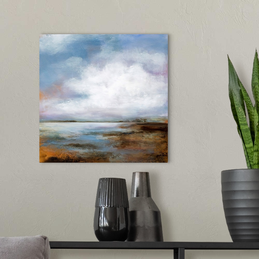 A modern room featuring A traditional style painting of a marsh scene in rust tones, with large white clouds overhead