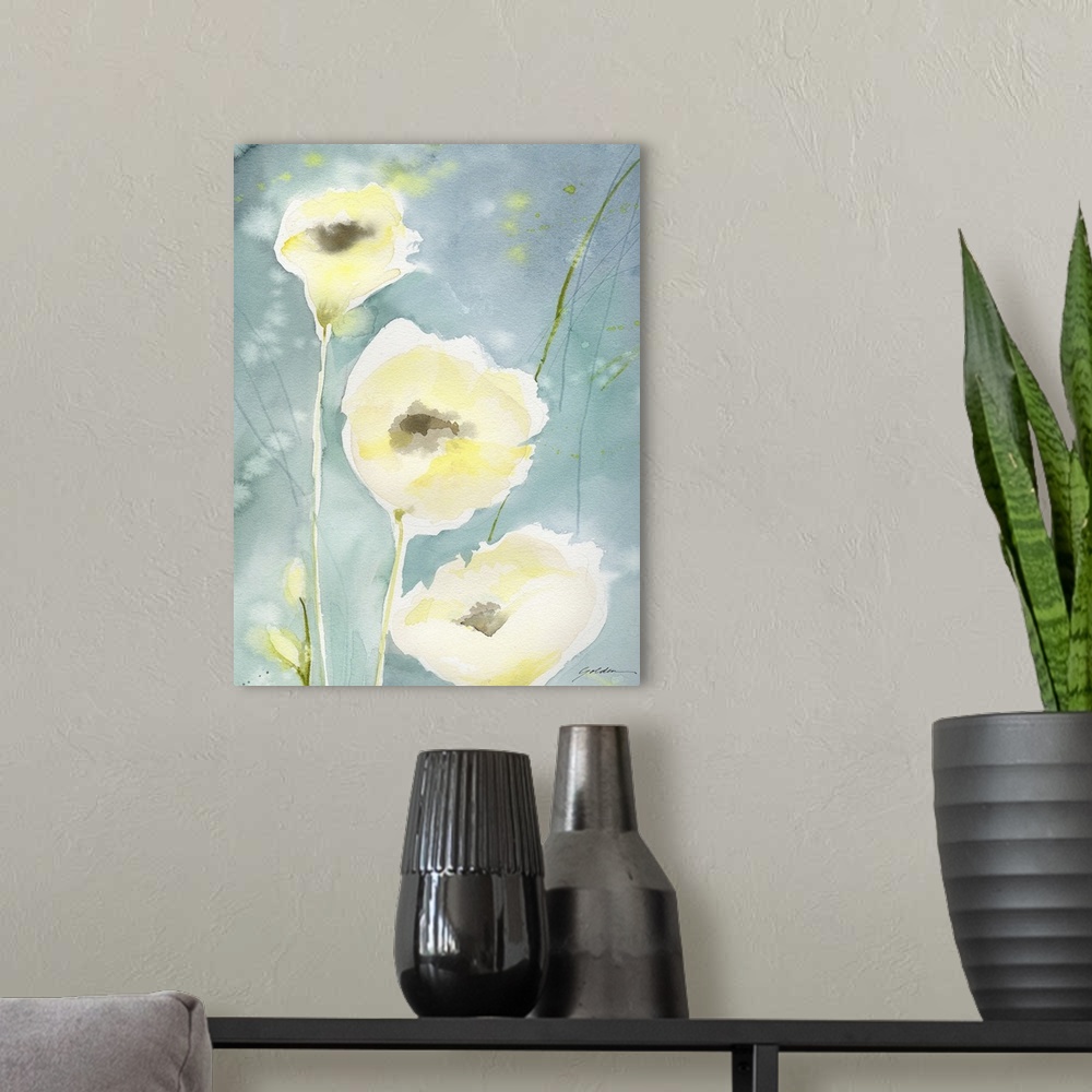 A modern room featuring A vertical watercolor painting of delicate yellow flowers against a teal backdrop.