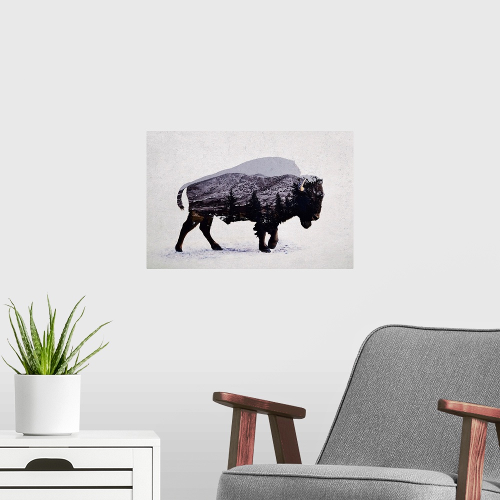 A modern room featuring A contemporary piece of artwork of a wilderness scene withing the outline of an American bison.
