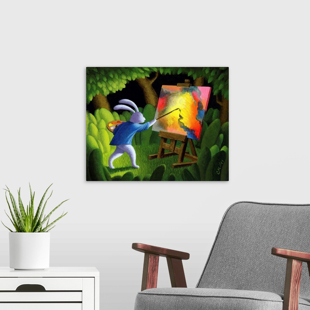 A modern room featuring Portrait of a rabbit painting an abstract art piece in the woods.