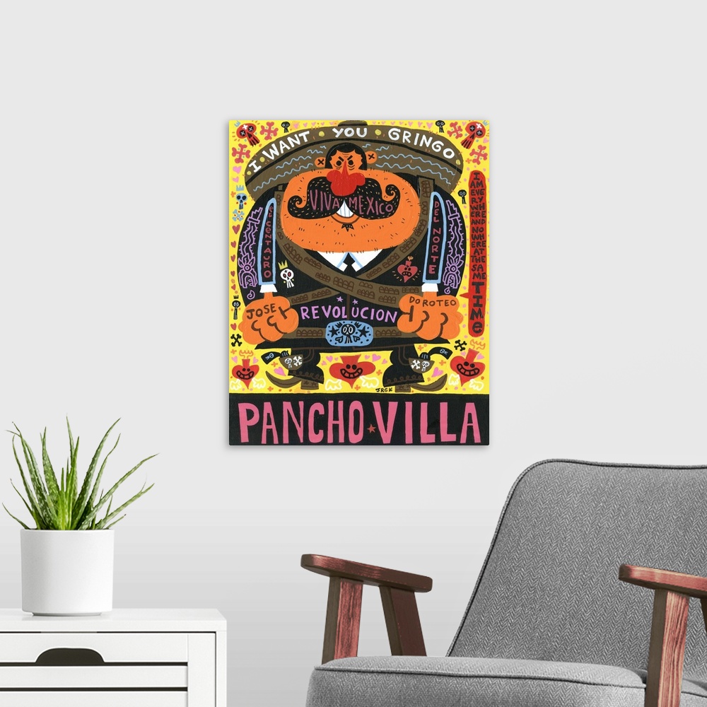 A modern room featuring Latin art of Pancho Villa looking tough and ready to fight.