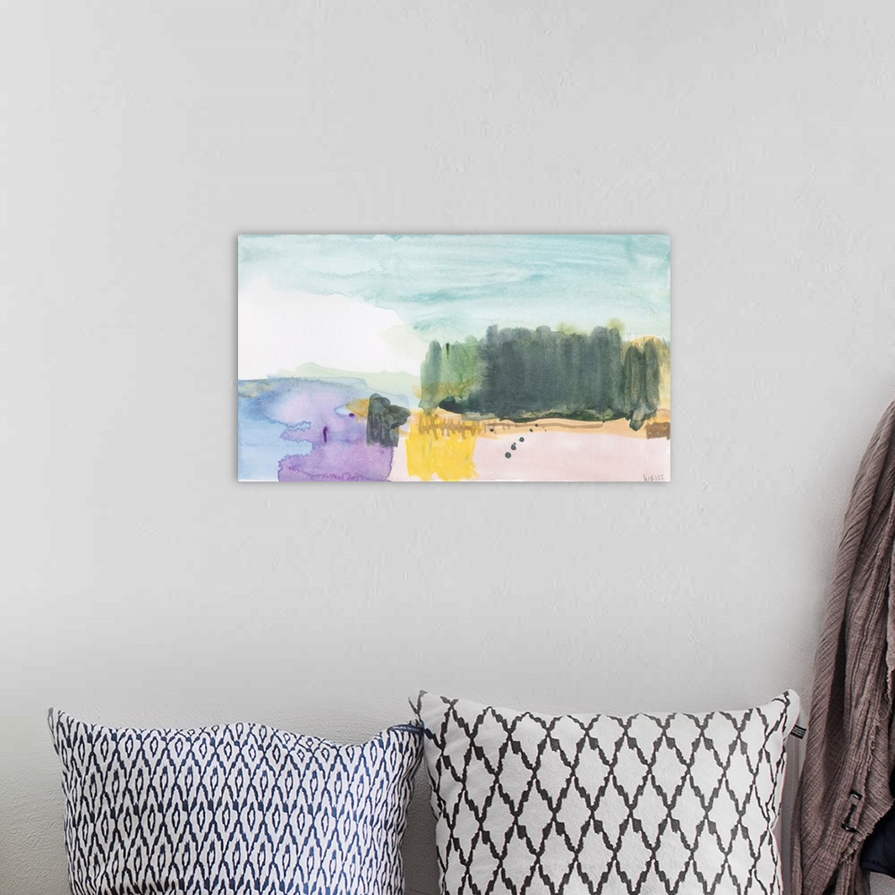 A bohemian room featuring Abstract watercolor landscape painting.