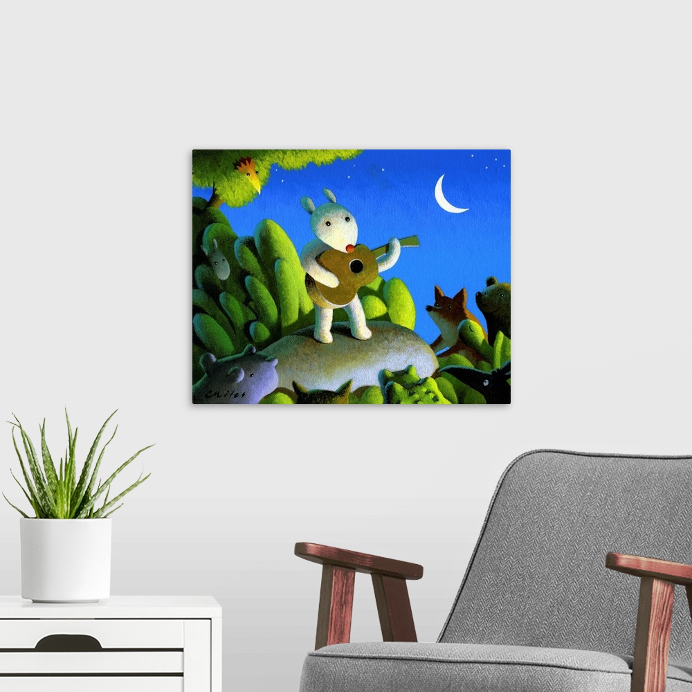 A modern room featuring Whimsical painting of a rabbit performing with his guitar in the woods while other wild animals i...