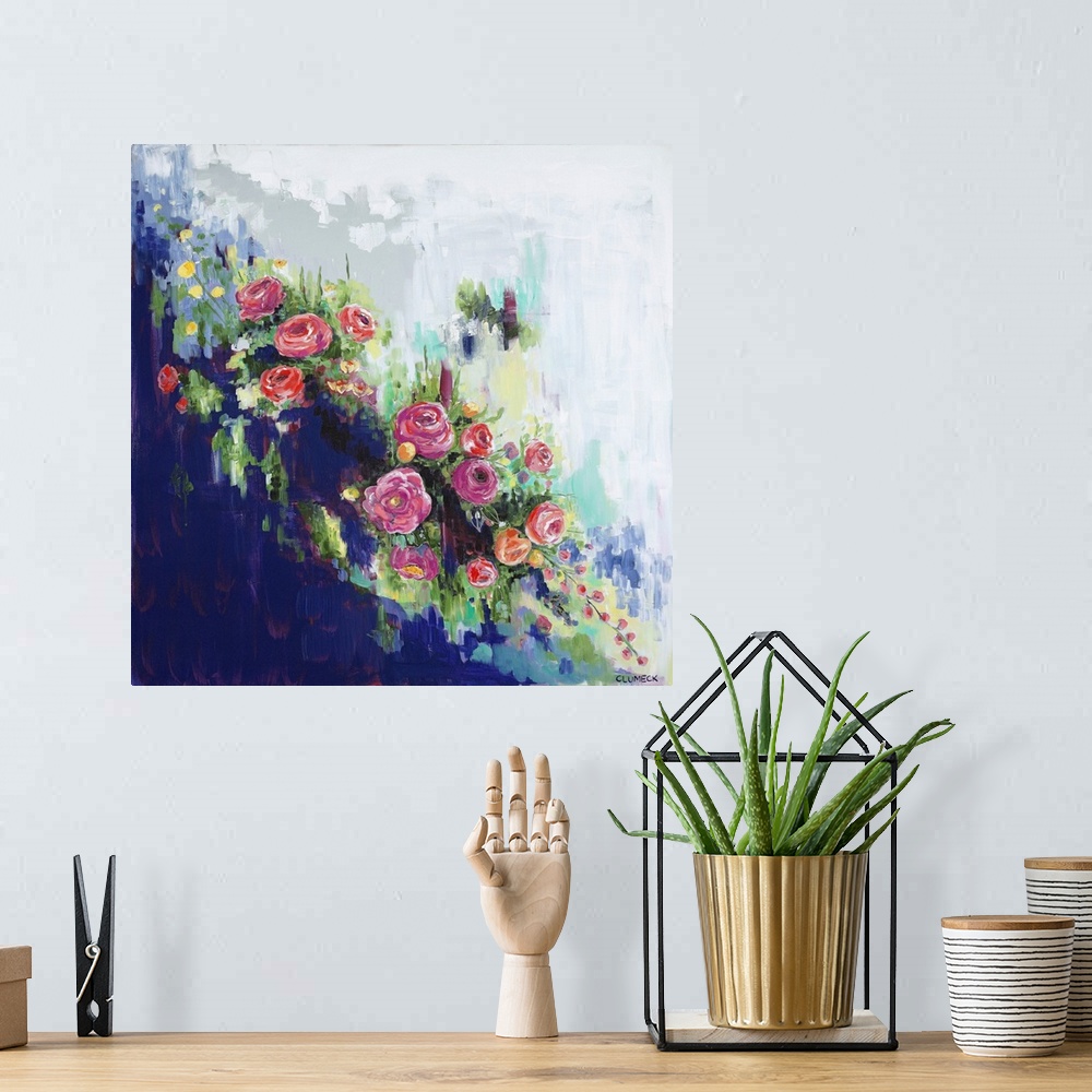 A bohemian room featuring Contemporary abstract floral painting on a gray and purple background.