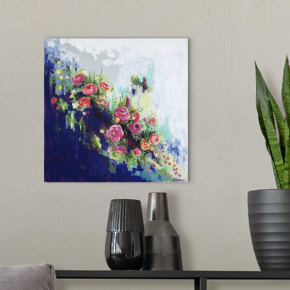 A modern room featuring Contemporary abstract floral painting on a gray and purple background.