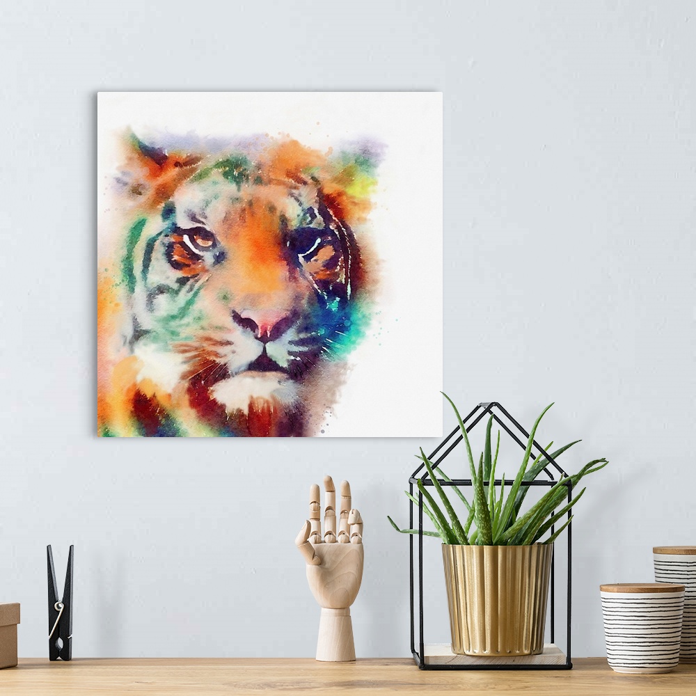A bohemian room featuring A watercolor painting of a tiger in vivid multi-colors.