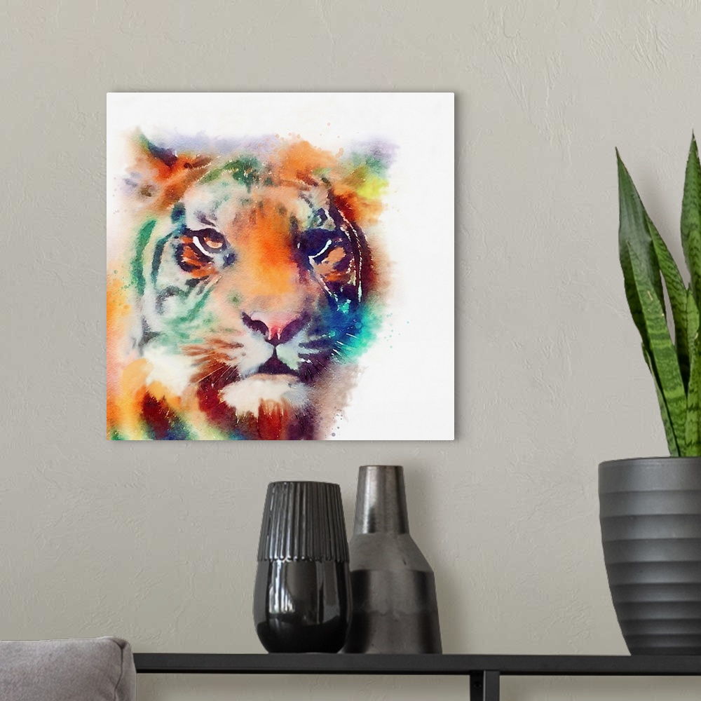 A modern room featuring A watercolor painting of a tiger in vivid multi-colors.