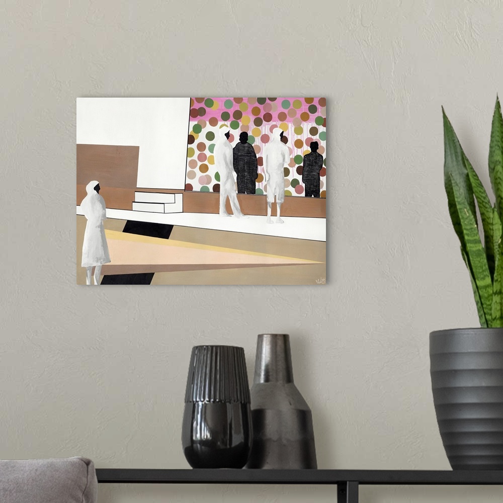 A modern room featuring A modern contemporary painting of a group of people viewing a gallery.