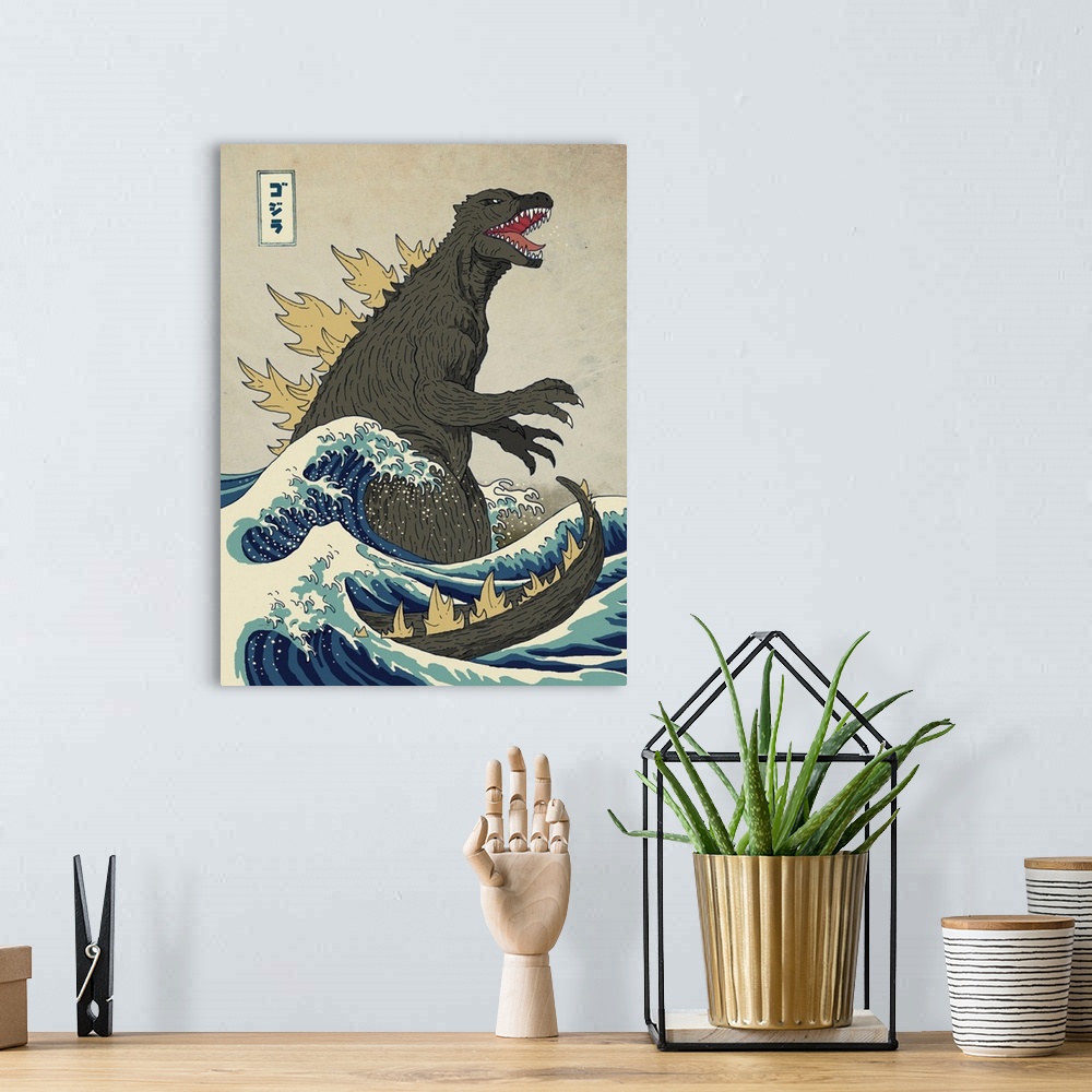 A bohemian room featuring A digital illustration of Godzilla in the style of The Great Wave off Kanagawa.