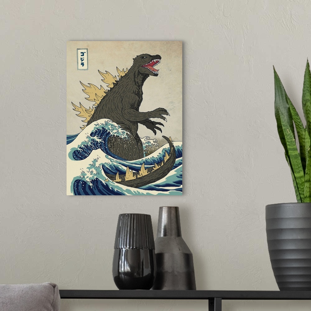 A modern room featuring A digital illustration of Godzilla in the style of The Great Wave off Kanagawa.