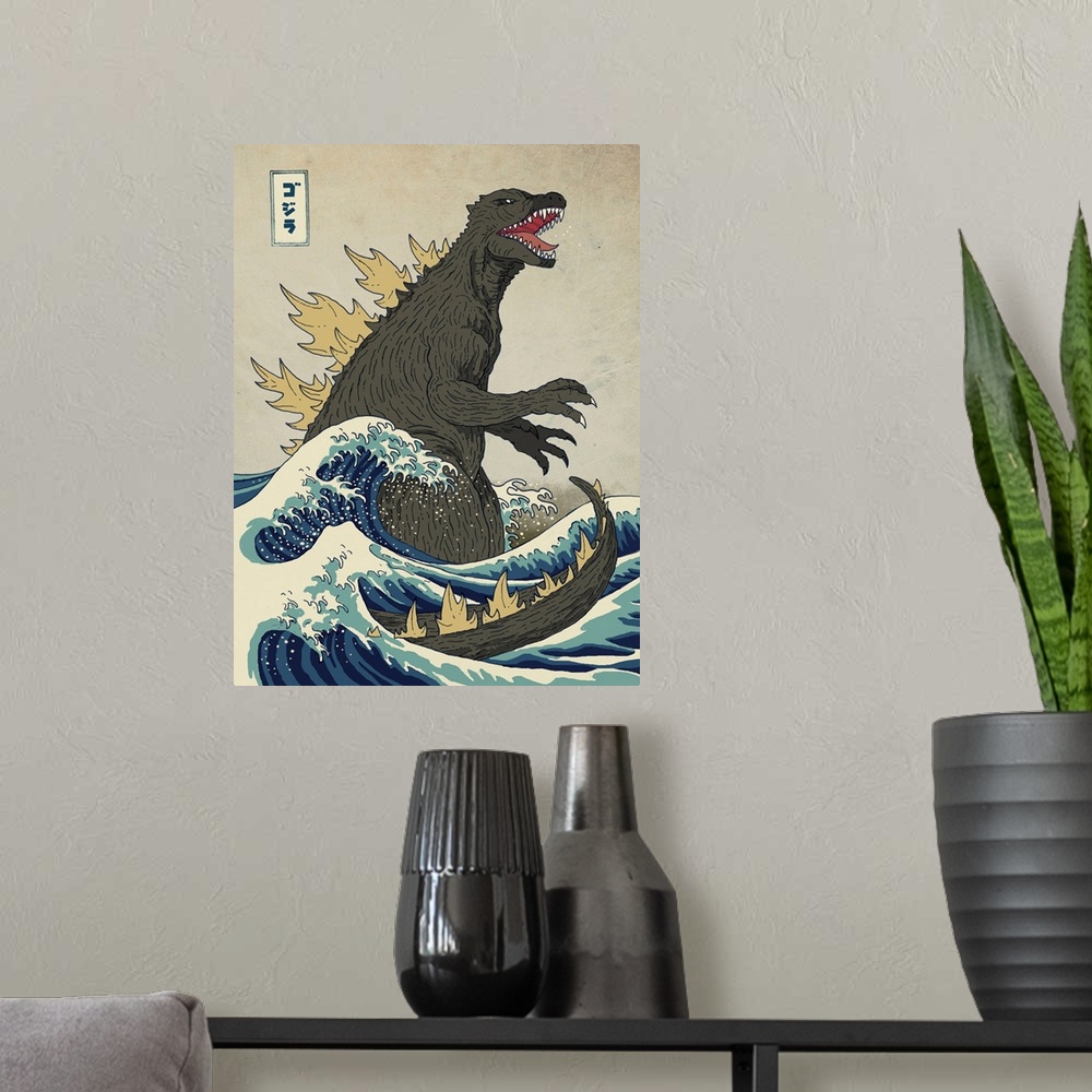 A modern room featuring A digital illustration of Godzilla in the style of The Great Wave off Kanagawa.