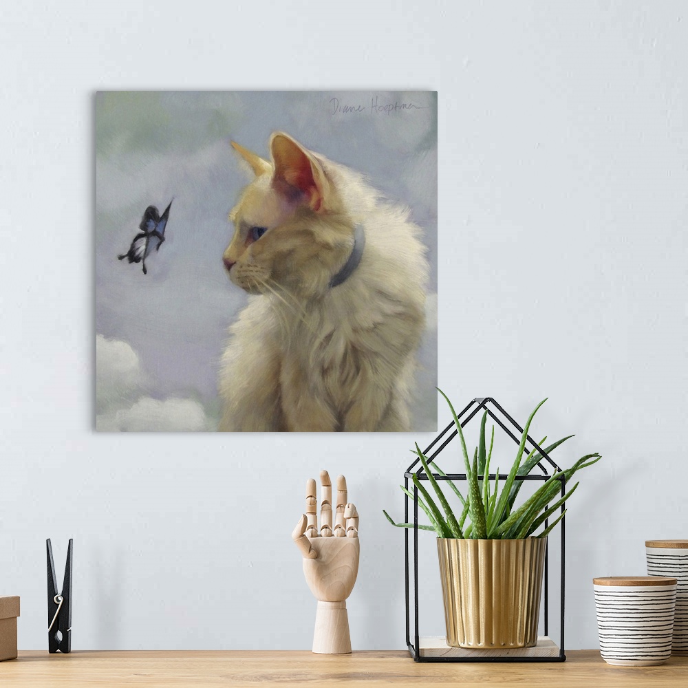 A bohemian room featuring Contemporary painting of a white cat looking at a butterfly.