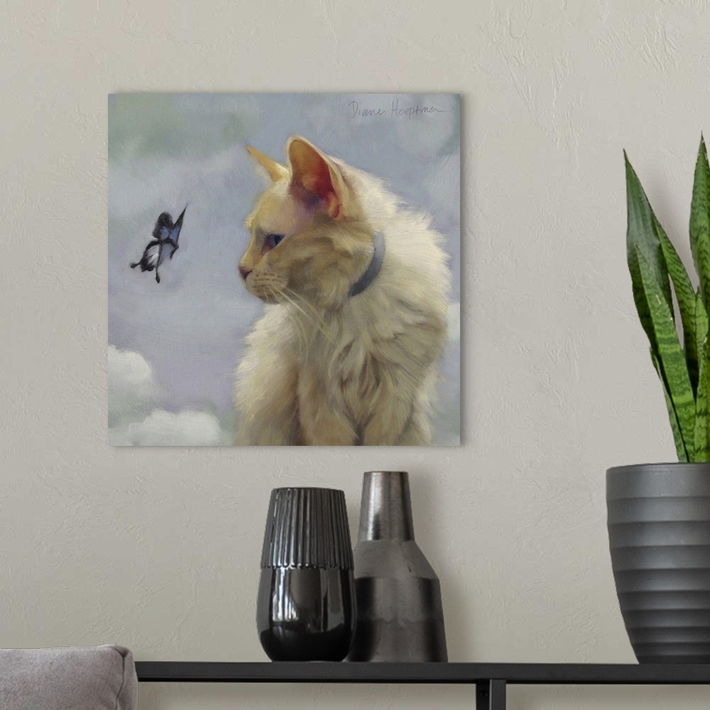 A modern room featuring Contemporary painting of a white cat looking at a butterfly.