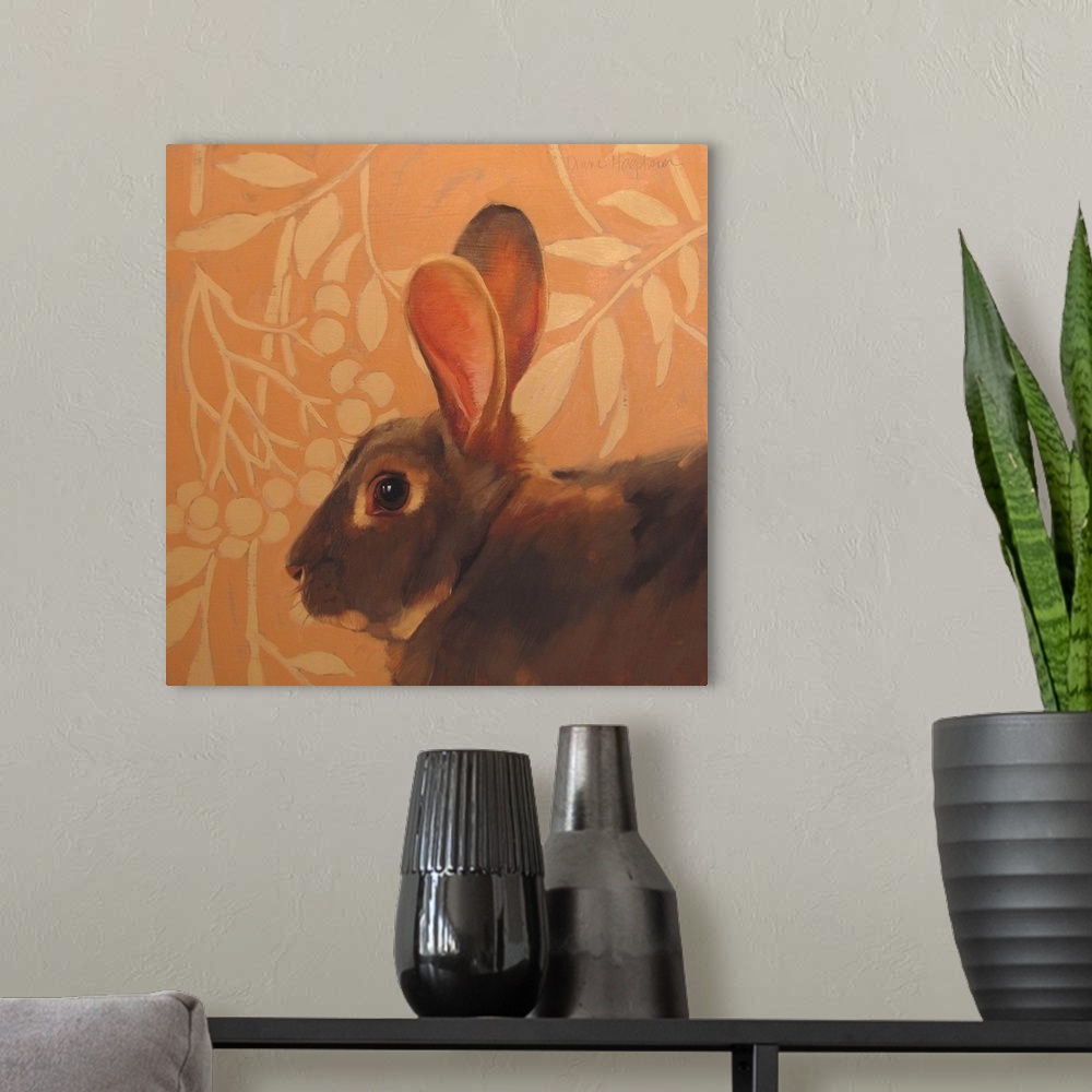 A modern room featuring Contemporary painting of a brown rabbit with long ears in front of an orange wall.